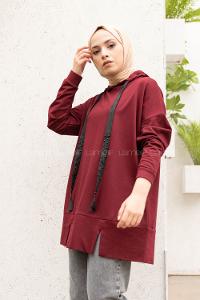 Modalamelif Kapşon Yaka Düz Renk Sweatshirt Acı Bordo