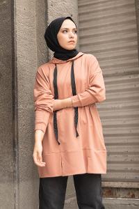 Modalamelif Kapşon Yaka Düz Renk Sweatshirt Gül