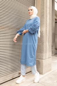 Modalamelif Kolu Flok Tül Tunik İndigo