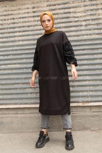 Modalamelif Kolu Flok Tül Tunik Siyah