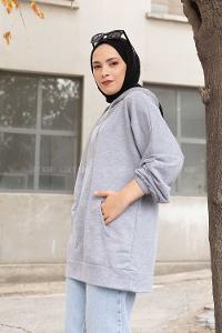 Modalamelif  Kanguru Cepli Kapşonlu Sweatshirt  Gri