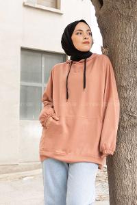 Modalamelif  Kanguru Cepli Kapşonlu Sweatshirt Gül Kurusu