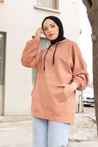 Modalamelif  Kanguru Cepli Kapşonlu Sweatshirt Gül Kurusu