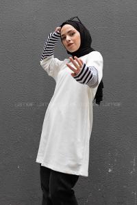 Modalamelif Kol Çizgili Sweatshirt Beyaz