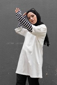 Modalamelif Kol Çizgili Sweatshirt Beyaz