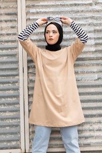 Modalamelif Kol Çizgili Sweatshirt Sütlü Kahve