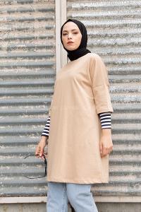 Modalamelif Kol Çizgili Sweatshirt Sütlü Kahve