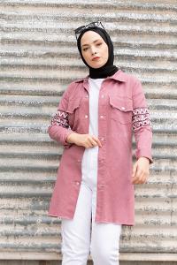 Modalamelif  Kol Şeritli Kot Ceket Gül Kurusu