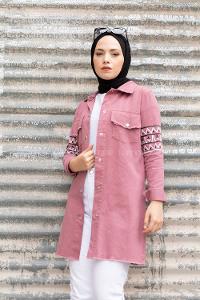 Modalamelif  Kol Şeritli Kot Ceket Gül Kurusu