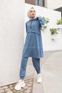 Modalamelif Yarım Fermuarlı Kapşonlu İkili Takım İndigo