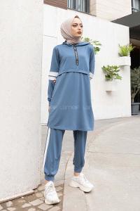 Modalamelif Yarım Fermuarlı Kapşonlu İkili Takım İndigo