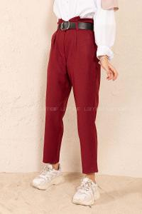 Modalamelif Çift Cep Deri Kemerli Pantolon Bordo