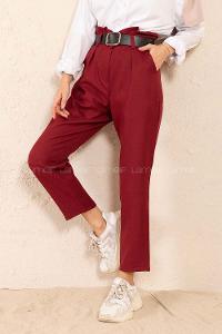 Modalamelif Çift Cep Deri Kemerli Pantolon Bordo