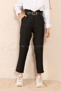 Modalamelif Çift Cep Deri Kemerli Pantolon Siyah