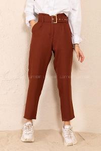Modalamelif Çift Cep Gold Kemerli Pantolon Acı Kahve