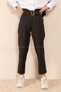 Modalamelif Çift Cep Gold Kemerli Pantolon Siyah