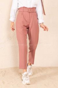 Modalamelif Çift Cep Toka Kemerli Pantolon Pudra