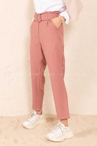 Modalamelif Çift Cep Toka Kemerli Pantolon Pudra
