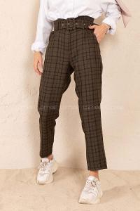 Modalamelif Kaplama Kemerli Ekose Pantolon Haki