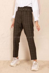 Modalamelif Kaplama Kemerli Ekose Pantolon Haki