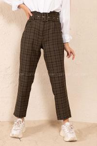 Modalamelif Kaplama Kemerli Ekose Pantolon Haki