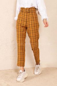 Modalamelif Kaplama Kemerli Ekose Pantolon Hardal Sarısı