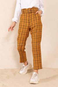 Modalamelif Kaplama Kemerli Ekose Pantolon Hardal Sarısı