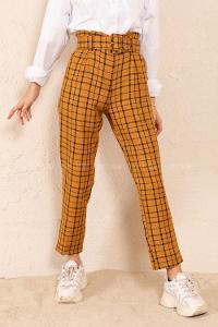 Modalamelif Kaplama Kemerli Ekose Pantolon Hardal Sarısı