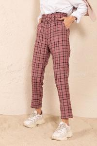 Modalamelif Kaplama Kemerli Ekose Pantolon Pudra