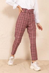 Modalamelif Kaplama Kemerli Ekose Pantolon Pudra