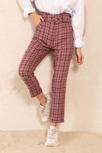 Modalamelif Kaplama Kemerli Ekose Pantolon Pudra