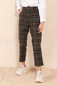 Modalamelif Kaplama Kemerli Ekose Yün Pantolon Siyah Haki