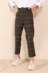 Modalamelif Kaplama Kemerli Ekose Yün Pantolon Siyah Haki