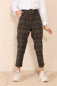 Modalamelif Kaplama Kemerli Ekose Yün Pantolon Siyah Haki