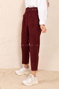 Modalamelif Kaplama Kemerli Kaşe Pantolon Bordo