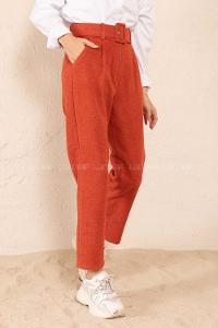 Modalamelif Kaplama Kemerli Kaşe Pantolon Kiremit