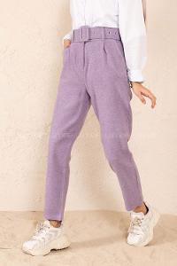 Modalamelif Kaplama Kemerli Kaşe Pantolon Lila