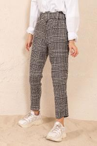 Modalamelif Kaplama Kemerli Kazayağı Yün Pantolon Siyah Ekru