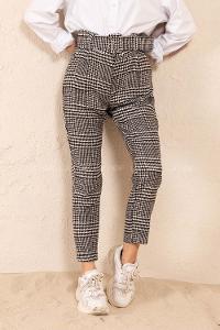 Modalamelif Kaplama Kemerli Kazayağı Yün Pantolon Siyah Ekru