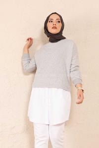 Modalamelif Etek Garnili Çizgili Tunik Gri