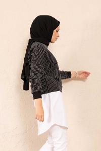 Modalamelif Etek Garnili Çizgili Tunik Siyah