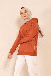 Modalamelif Fermuar Yırtmaç Detaylı Sweatshirt Kiremit