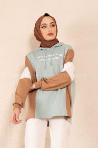 Modalamelif Önü Baskılı Parça Garnili Sweatshirt Çağla Yeşili