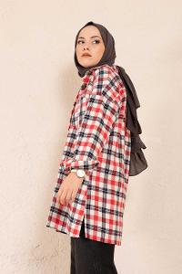 Modalamelif Tek Cepli Ekose Gömlek Ekru-Kırmızı