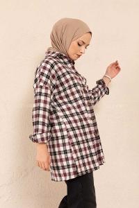 Modalamelif Tek Cepli Ekose Gömlek Ekru Mor