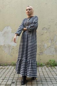 Modalamelif Bel Lastikli Ekose Elbise Gri Siyah