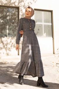 Modalamelif Bel Lastikli Ekose Elbise Gri Vizonrengi