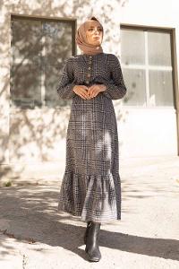 Modalamelif Bel Lastikli Ekose Elbise Gri Vizonrengi