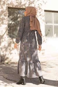 Modalamelif Bel Lastikli Ekose Elbise Gri Vizonrengi