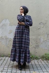 Modalamelif Bel Lastikli Ekose Elbise Siyah Bordo